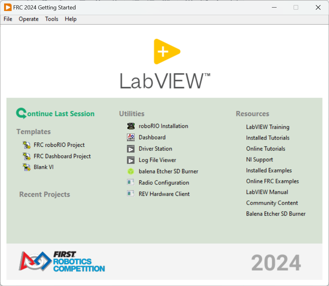 LabVIEW Getting Started window showing 2024
